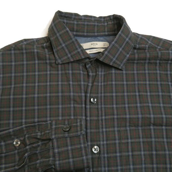 Mango Other - MNG Mango Button Up Shirt Mens XS Cotton Long Sleeve Green Plaid Spread Collar